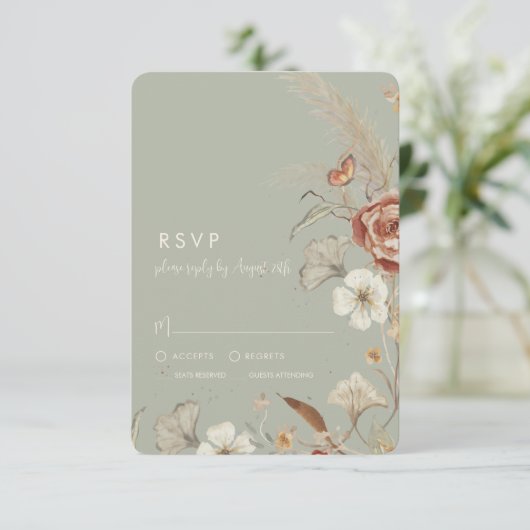 Getrocknete Wildblume Floral BOHO Sage Green Weddi RSVP Karte (Stehend Vorderseite)