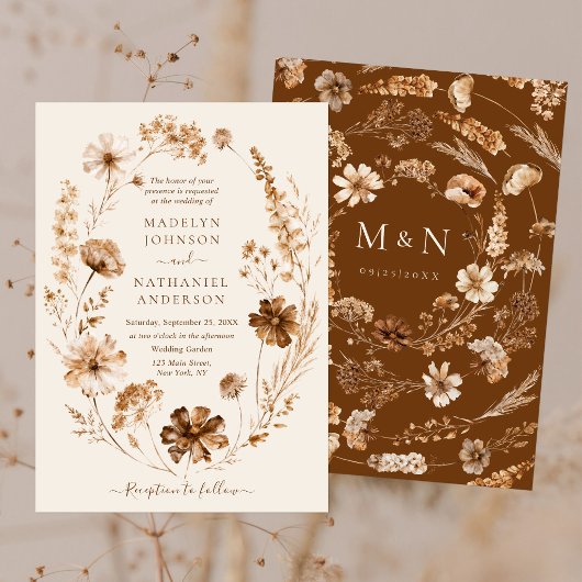 Getrocknete Wildblumen Erdtöne Boho Gartenhochzeit Einladung