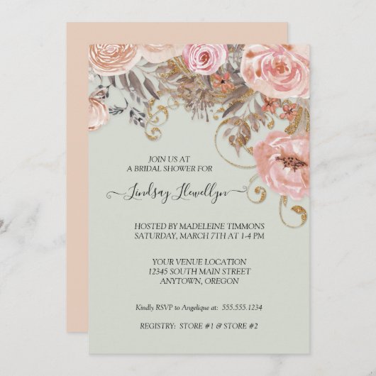 Getrocknetes Boho Peach Rose Gold Brautparty Einladung (Vorne/Hinten)