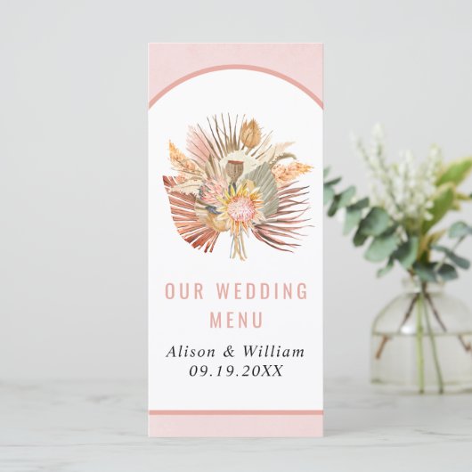 Getrocknetes Palmblättergras, weiches rosa Hochzei Menükarte (Stehend Vorderseite)