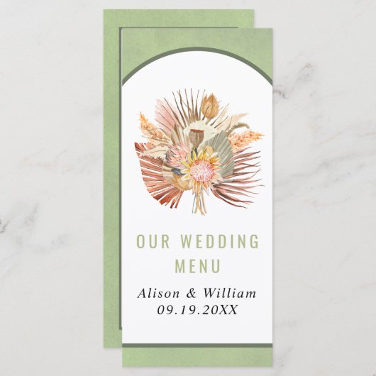 Getrocknetes Palmblätterpampas-Gras-Grünes Hochzei Menükarte (Vorne/Hinten)