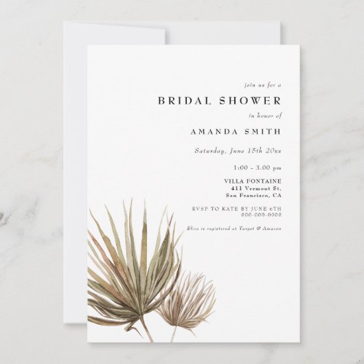 Getrocknetes Palmblätterwüste Modernes Boho Brautp Einladung (Vorderseite)