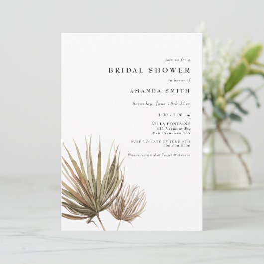 Getrocknetes Palmblätterwüste Modernes Boho Brautp Einladung (Stehend Vorderseite)