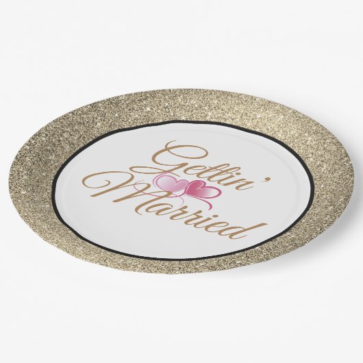 Gettin' Verheirateter Gold Glitzer 9" Teller (Schrägansicht)