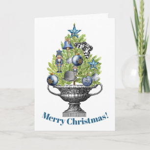 Gettopfter Weihnachtsbaum mit blauen Ornamenten Feiertagskarte