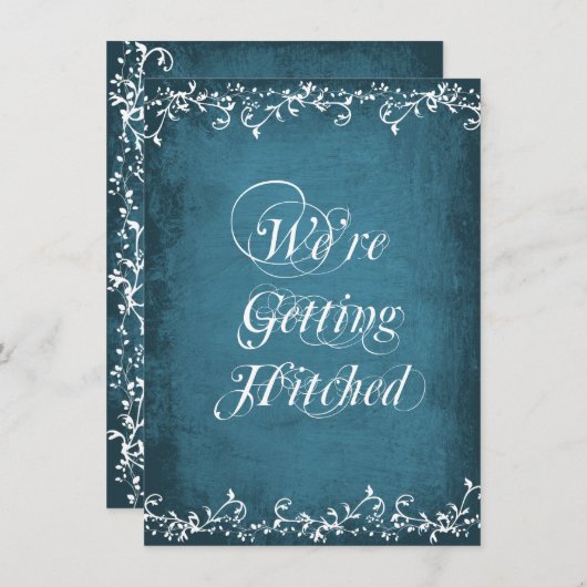 Gettting Hitched rustikale blaue Einladung (Vorne/Hinten)