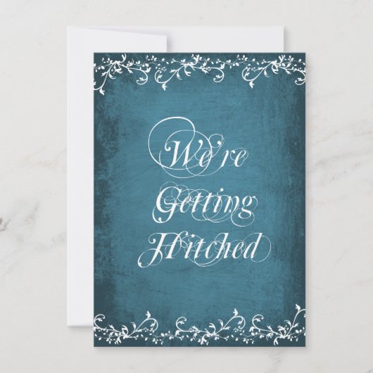 Gettting Hitched rustikale blaue Einladung (Vorderseite)