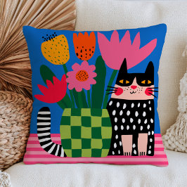Getupfte schwarze Katze mit farbenfrohen Blumen Bl Kissen