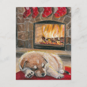 Gewartet für Santa Dog Puppy Fireplace Xmas Karte