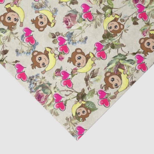 Gewebe Papier Affen Bananen Rosa Herzen Blüten (Ausschnitt)