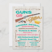 Gewehre oder Glitzer Gender Reveal Baby Shower Einladung (Vorderseite)