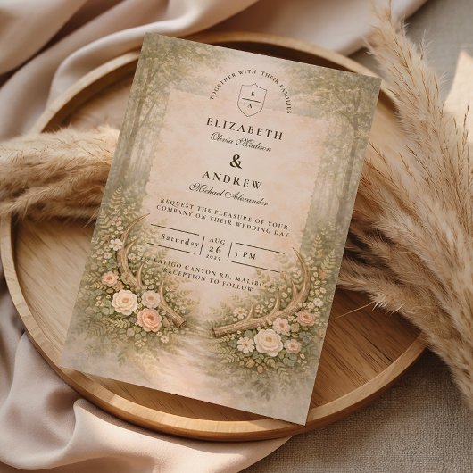 Geweih Blumen Hochzeit im Wald Einladung