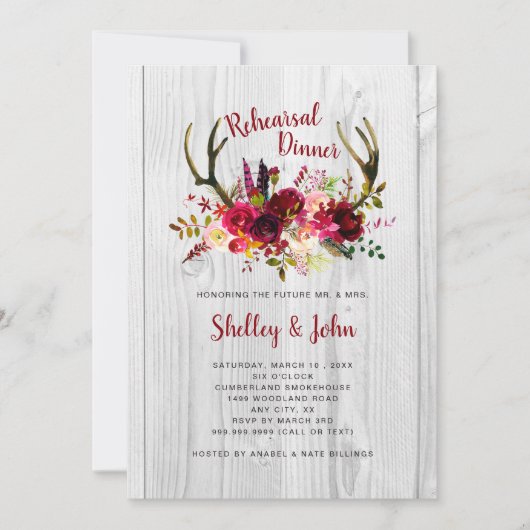 Geweih-Burgunderlädt BlumenProben-Abendessen ein Einladung (Vorderseite)