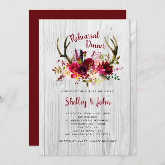 Geweih-Burgunderlädt BlumenProben-Abendessen ein Einladung (Vorne/Hinten)