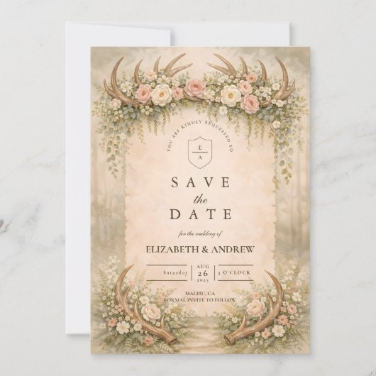 Geweih Florale Waldhochzeit Save The Date (Vorderseite)