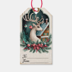 Geweih-Rentier und schneebedecktes Cottage Geschenkanhänger