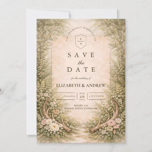 Geweih-Wald-Romantik-Hochzeit Save The Date (Vorderseite)
