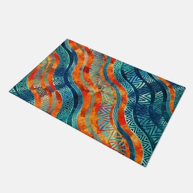 Gewelltes Stammes- ethnisches Boho Muster Fußmatte (Schrägansicht)