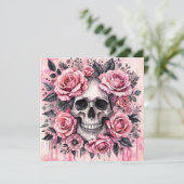 Gewinnen des Schädels und rosa Rosen gotisch Einladung (Stehend Vorderseite)