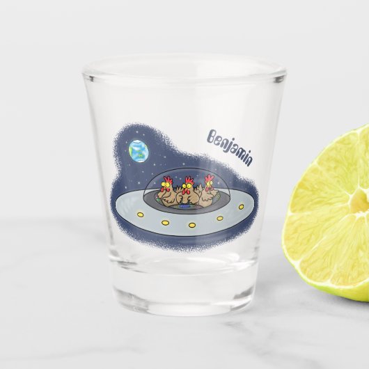 Gewitterhühner im Weltraum - Cartoon Schnapsglas (Vorderseite)