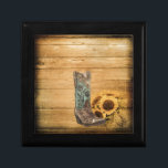 Gewitterter Western Country Sonnenblume Cowboy Sti Geschenkbox<br><div class="desc">Verwitterter Western Country Sonnenblumencowboy Schuhzubehör. Sonnenblumenmöbel aus Zuhause für Zuhause. Primitive Cowboy-Western-Brautparty-Gefälligkeiten und rustikale Sonnenblumen Gastgeschenke Hochzeiten.</div>