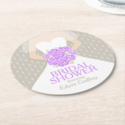 Gewohnheits-Untersetzer des Brautparty lila weiße Runder Pappuntersetzer (Angewinkelt)