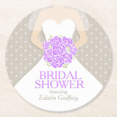 Gewohnheits-Untersetzer des Brautparty lila weiße Runder Pappuntersetzer (Vorderseite)