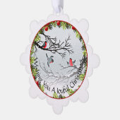 Gewohnte Vögel in schneebedeckten Nadeln Red Berri Ornament Karte (Linke Ecke)