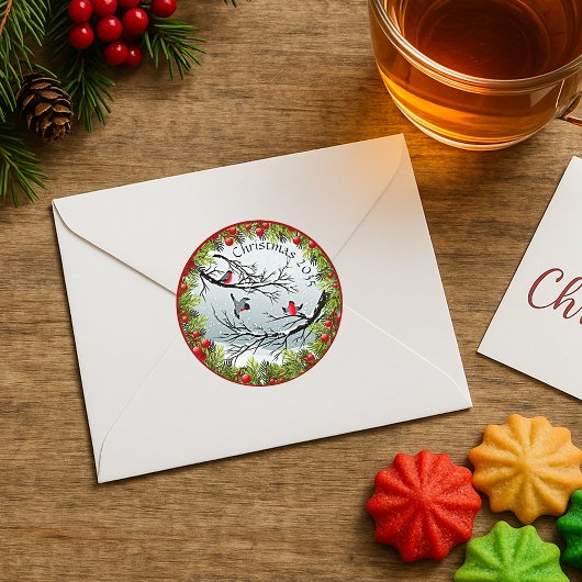 Gewohnte Vögel in schneebedeckten Nadeln Red Berri Runder Aufkleber