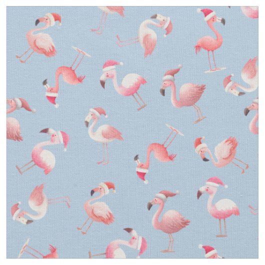 Geworfene Weihnachtsflamingos auf Hellblau Stoff (Nahaufnahme)