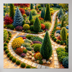 Gewundene Gartenwege zwischen farbenfrohen Immergr Poster