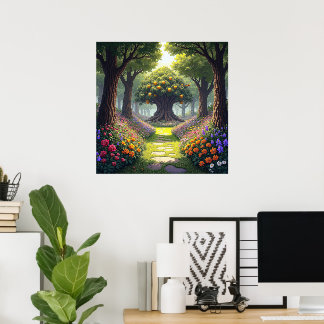 Gewundener Pfad durch Blumenwiese zum Orangenbaum Poster