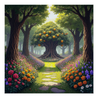 Gewundener Pfad durch eine Blumenwiese zu einem Or Poster