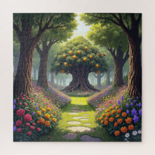 Gewundener Pfad durch eine Blumenwiese zum Orangen Puzzle