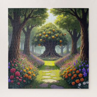 Gewundener Pfad durch eine Blumenwiese zum Orangen Puzzle