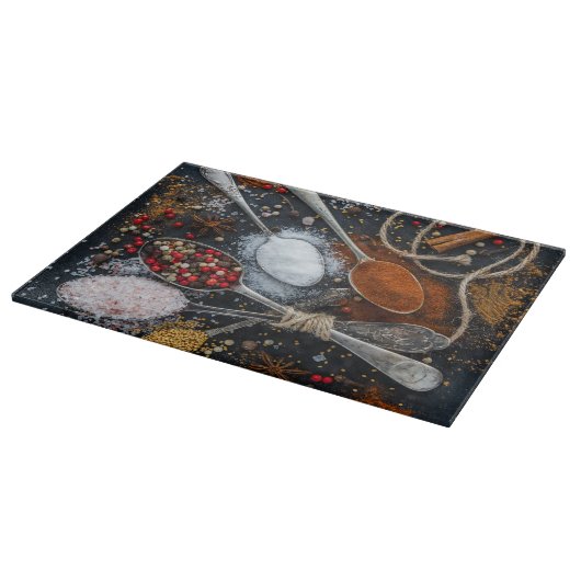 Gewürze auf Löffeln angeordnet Schneidebrett (Ecke)