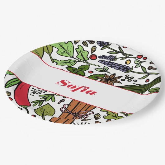 Gewürzmuster individuelle Name weiß Pappteller (Schrägansicht)