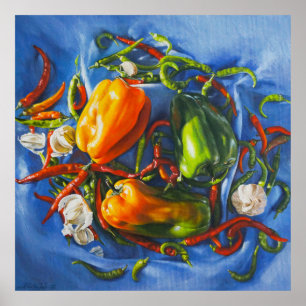 Gewürzstillleben mit Paprikaschoten und Knoblauch Poster