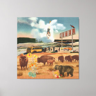 Geysir-Tour mit Büffel- und Bär-Surreal-Collage Leinwanddruck