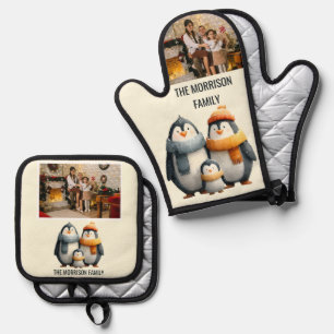 Gezählte Winter-Pinguin-Familie Ofenhandschuh & Topflappen-Set