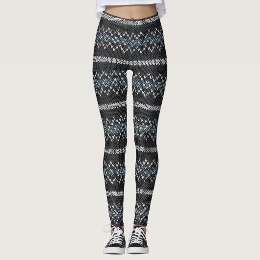 Gezahnt gestricktes Muster Schwarz und Grau Leggings (Vorderseite)