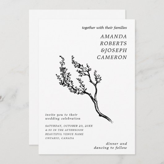 Gezeichnet Baumzweig Modernes Foto QR Code Hochzei Einladung (Vorne/Hinten)