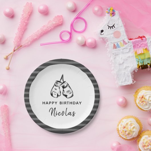 Gezeichnet Boxhandschuhe Design gestreift Geburtst Pappteller (Party)