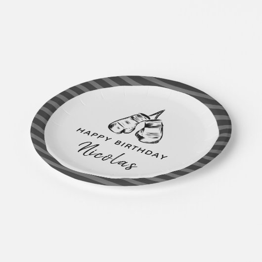 Gezeichnet Boxhandschuhe Design gestreift Geburtst Pappteller (Schrägansicht)