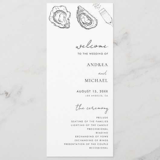 Gezeichnet Champagne Oysters Minimalistisch Hochze Programm (Vorderseite)