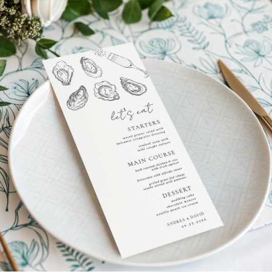 Gezeichnet Champagner-Austern essen wir White Wedd Menükarte