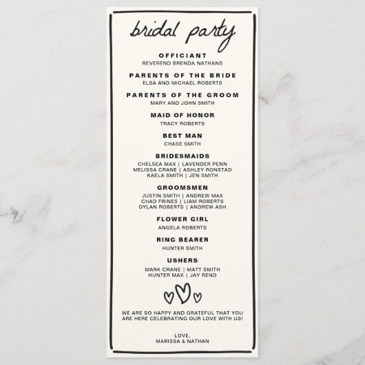 Gezeichnet Hochzeit Programm (Rückseite)