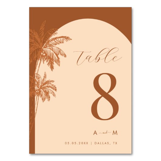 Gezeichnet Palm Tree Terracotta Monogram Beach Wed Tischnummer (Vorderseite)