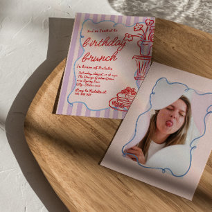 Gezeichnet Pink Floral Pancakes Foto Geburtstag Br Einladung
