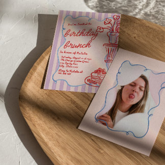 Gezeichnet Pink Floral Pancakes Foto Geburtstag Br Einladung